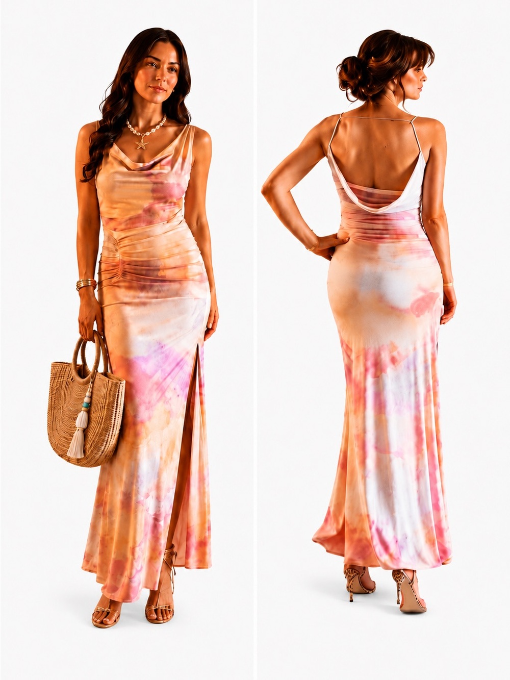 NWT Tie-Dye Cowl Neck Maxi Dress in Pink & Cream